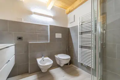 a bathroom with a toilet and a glass shower at Chalet Butterfly 3 in Mazzin