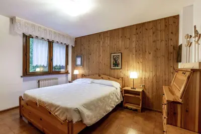 a bedroom with a bed and a wooden wall at Des Alpes 3 in Canazei
