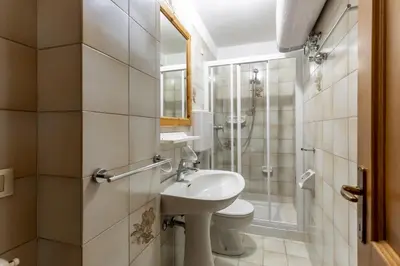 a bathroom with a sink and a toilet and a shower at Des Alpes 3 in Canazei