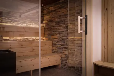 a sauna with a stone wall and a glass door at Apartments Pragser Wildsee - by Familiaris in Braies