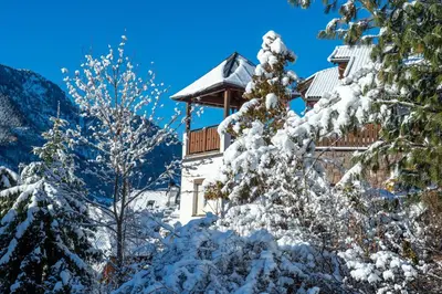 a building covered in snow next to trees at Apartment Villa Hetty in Ortisei