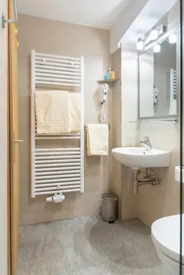 a bathroom with a sink and a toilet and a mirror at Apartments UDERA in Selva di Val Gardena