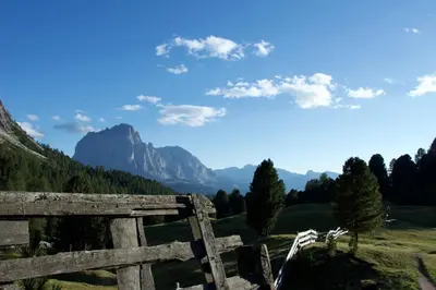 a wooden fence in a field with mountains in the background at Apartments UDERA in Selva di Val Gardena