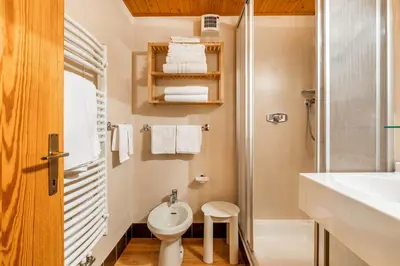 a bathroom with a toilet and a sink and a shower at Apartments Antares in Colfosco