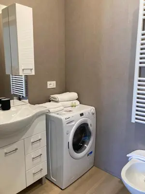 a washing machine in a bathroom next to a sink at Al Palazzo in Cles