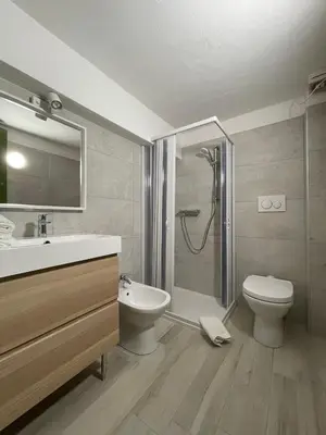 a bathroom with a shower and a toilet and a sink at Casa Eolo Falcade in Falcade