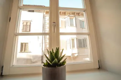 a potted plant sitting in front of a window at KARINA Lauben Lodge in Egna