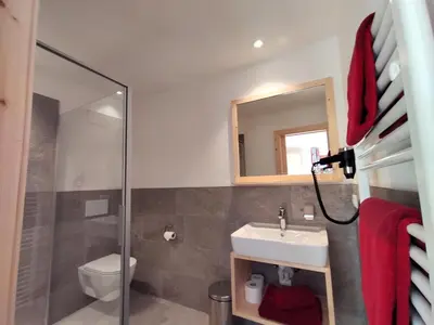 a bathroom with a sink and a toilet and a mirror at Zimmererhof in Bressanone