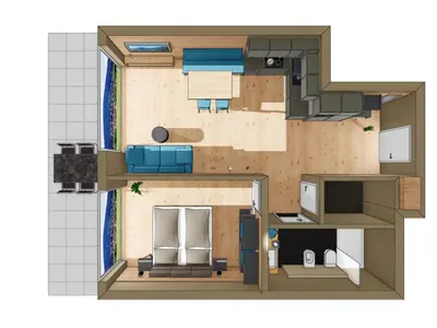 a floor plan of a small apartment with a kitchen at Rienz Alpine City Lofts in Brunico