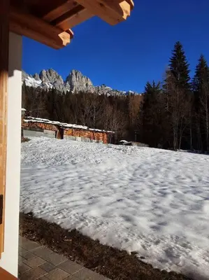 a snow covered yard with a mountain in the background at Tabià sui Prati- Appartamento bilocale in Falcade
