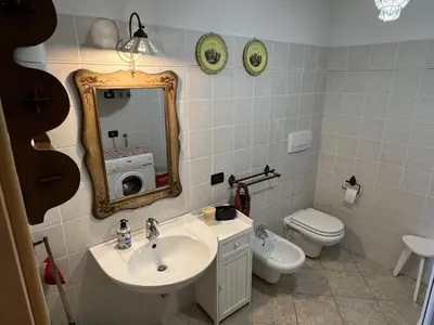 a bathroom with a sink and a toilet and a mirror at CASA BERNARD Zortea VANOI cuore verde del Trentino in Canale San Bovo