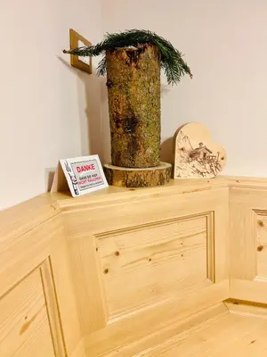 a tree on top of a wooden cabinet with a book at EMARGHE, CASA A MOENA in Moena
