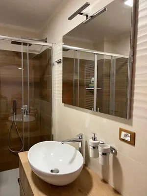 a bathroom with a white sink and a shower at EMARGHE, CASA A MOENA in Moena