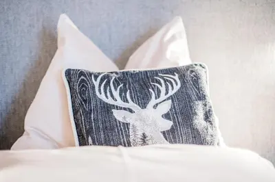 a pillow with a deer drawn on it sitting on a bed at Erika Suites & Lofts in Stanghe