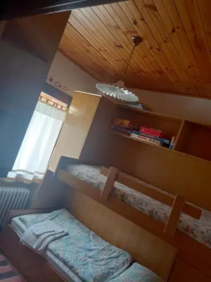 a bedroom with two bunk beds and a window at MirarMonti nel cuore di Pozza con i tuoi animali in Pozza di Fassa