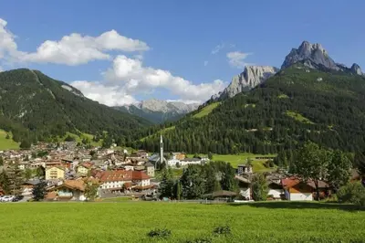a small town in the mountains with a green field at MirarMonti nel cuore di Pozza con i tuoi animali in Pozza di Fassa