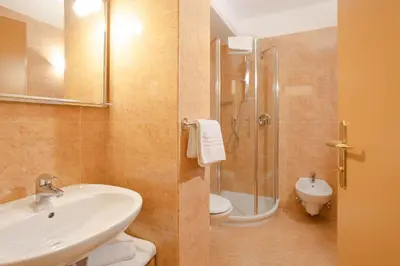 a bathroom with a sink and a shower and a toilet at B&B Garni Villa Campitello in Campitello di Fassa
