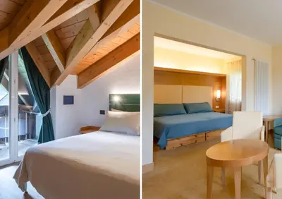 two pictures of a bedroom with a bed and a table at B&B Garni Villa Campitello in Campitello di Fassa