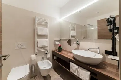 a bathroom with a white sink and a toilet at Hotel Stiegl Scala in Bolzano