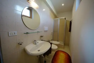 a bathroom with a sink and a toilet and a mirror at Cresta in San Cassiano