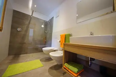 a bathroom with a sink and a toilet and a shower at Cresta in San Cassiano
