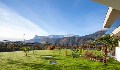a view of a yard with mountains in the background at Garden Lodge in Gargazzone