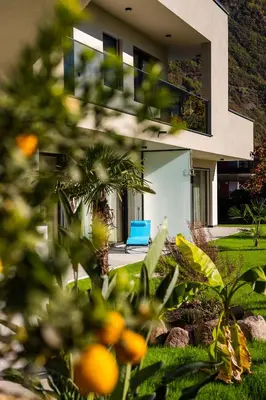 a house with a blue chair in the yard at Garden Lodge in Gargazzone