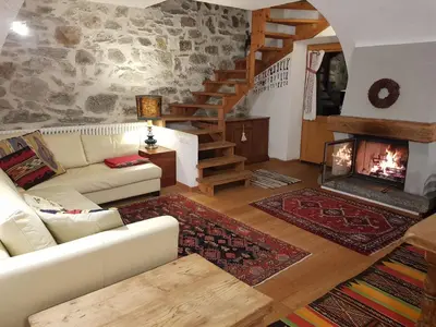 a living room with a couch and a fireplace at Ronchet Baita Vanoi Trentino in Ronco