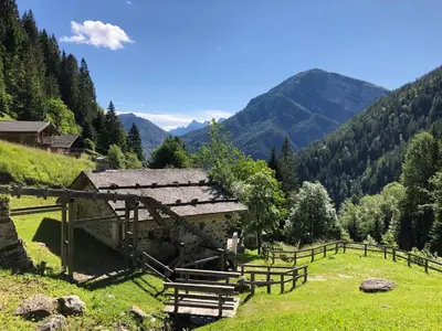 a barn in a field with mountains in the background at Ronchet Baita Vanoi Trentino in Ronco
