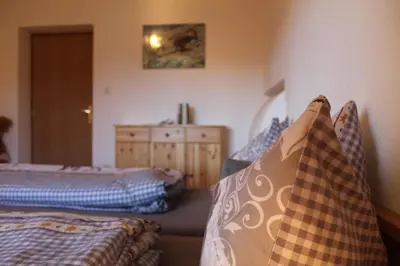 a bedroom with two beds and a dresser at Lü de Terza in San Vigilio Di Marebbe