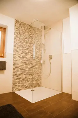 a shower with a glass door in a bathroom at Lü de Terza in San Vigilio Di Marebbe