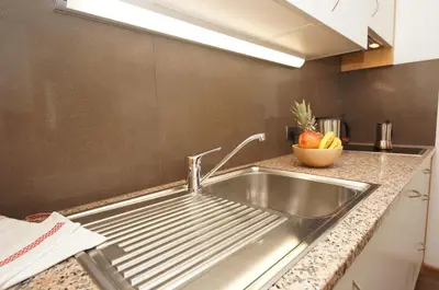 a stainless steel sink in a kitchen with a bowl of fruit at Ciasa Wallis in Badia