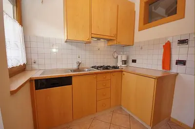 a small kitchen with wooden cabinets and a sink at Ciasa Wallis in Badia