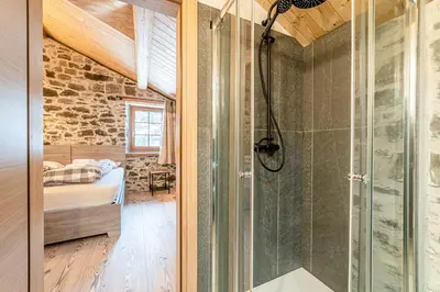 a bathroom with a shower and a bedroom at Villa Molin Del Faure in Alleghe