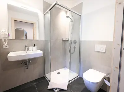 a bathroom with a shower and a sink and a toilet at Gasthof Jägerheim in Bressanone