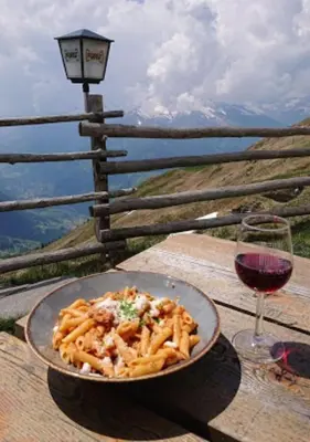 a plate of pasta on a table with a glass of wine at Almgasthaus Flecknerhütte in San Leonardo in Passiria