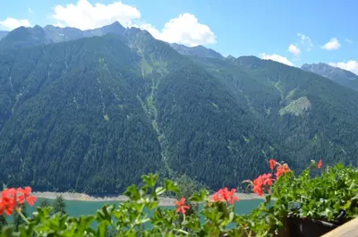 a view of a mountain with a lake and flowers at Ferienwohnungen Kalchgruberhof in Ultimo
