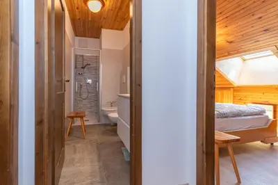 a bedroom with a bed and a bathroom with a shower at Dimora al Vajolet in Pozza di Fassa