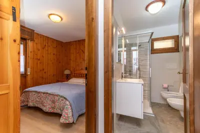 a bedroom with a bed and a tub and a sink at Dimora al Vajolet in Pozza di Fassa