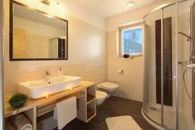 a bathroom with a sink and a shower at Stiflerhof in Falzes