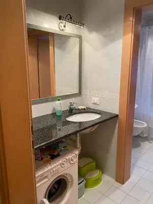 a bathroom with a sink and a washing machine at CASA DI PITTO in Bressanone