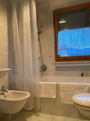 a bathroom with a sink and a toilet and a window at CASA DI PITTO in Bressanone