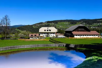 a farm with a pond and buildings and a fence at Lobishof in Soprabolzano