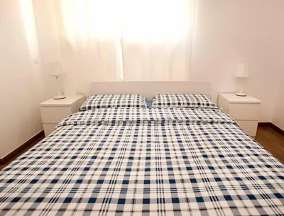 a bedroom with a bed with a plaid blanket at Portico ventizerodue in Merano