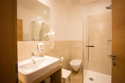 a bathroom with a sink and a toilet and a shower at Ansitz Gamp in Chiusa