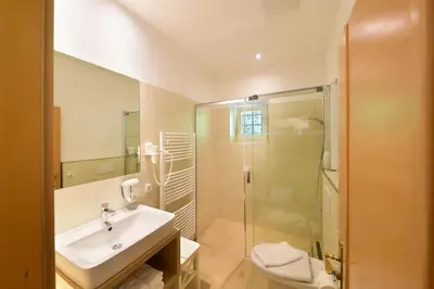 a bathroom with a sink and a shower at Ansitz Gamp in Chiusa