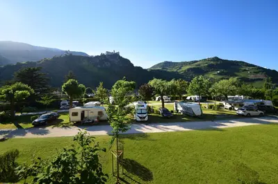 an aerial view of a camp site with mountains in the background at Ansitz Gamp in Chiusa