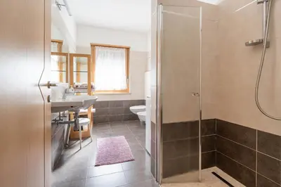 a bathroom with a shower and a sink and a toilet at Casa Gabriella in Fiera di Primiero