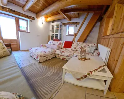a living room with a couch and a table at Baita Pra Petina Pale di San Martino in Siror