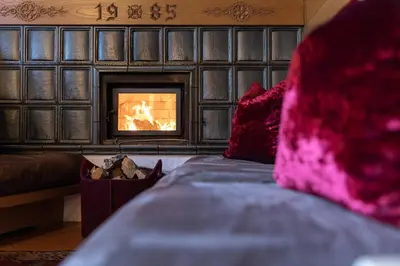 a bedroom with a fireplace and a bed with red pillows at Hotel Nele in Ziano di Fiemme